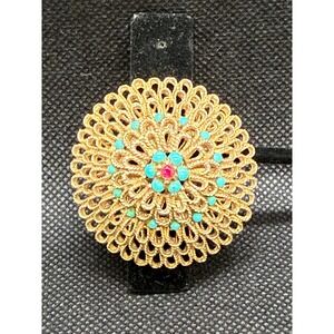 Capri Vintage Gold Tone Turquoise Red Bead Sunburst Filigree Brooch Pin
